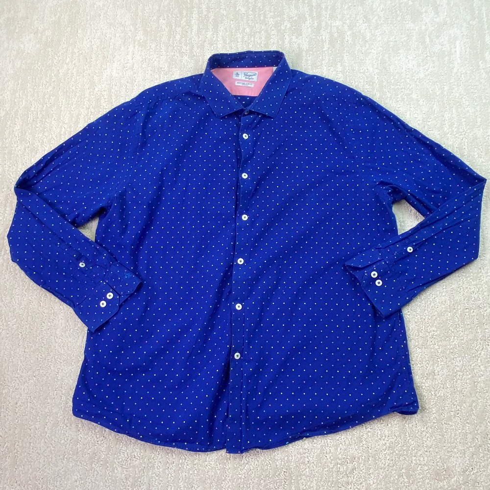 Original Penguin Button Down Shirt Adult Blue Polka Dot Size 17.5-34/35